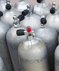Multiple scuba air tanks with Diving Tank Valve Cover With Cord Threaded Scuba Valve Cap Protector shown in use.