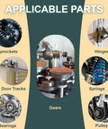 Gears, sprockets, hinges, springs, door tracks, bearings, pulleys for White Lithium Based Grease For Garage Door Tracks, Hinges And Sliding Mechanisms, Bearings And Gears Lubricant For Automotive, Marine, Industrial And Household Use, Heavy Duty EP Performance, NLGI Grade 2, 5 Oz.