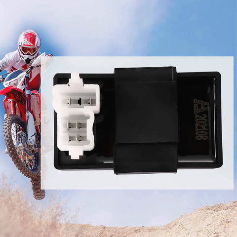 Close-up of 6 Pin AC CDI Box for CG 125cc-250cc engines, shown against a dirt bike background, highlighting ignition module design.