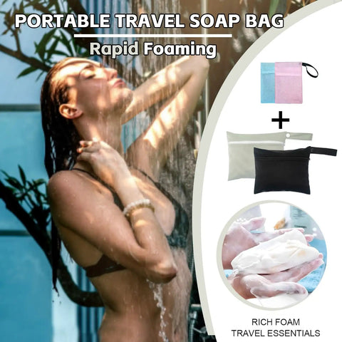 2 Pcs Travel Soap Bags Set With 2 Leakproof Waterproof Cases And 2 Foaming Nets, woman showering, black and grey pouches