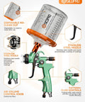 Pro Grade HVLP Auto Paint Spray Gun for quick garage touch ups, featuring stainless steel nozzle and disposable cup.