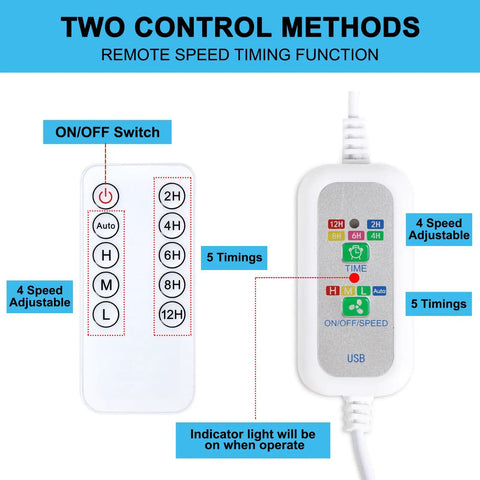USB Powered Mini Ceiling Fan With Six Blades Quiet DC 5V USB Hanging Fans controller showing speed and timer options