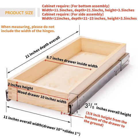 Smooth Glide Pull Out Cabinet Organizer And Slide Out Drawer With Heavy Duty Rollers showing dimensions and wooden structure.