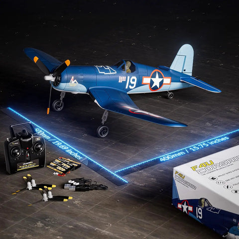 Dope Brushless RC Plane Set With 1806 1900KV Motor, 6 Axis Gyro, 4 Channel F4U Corsair displayed with accessories