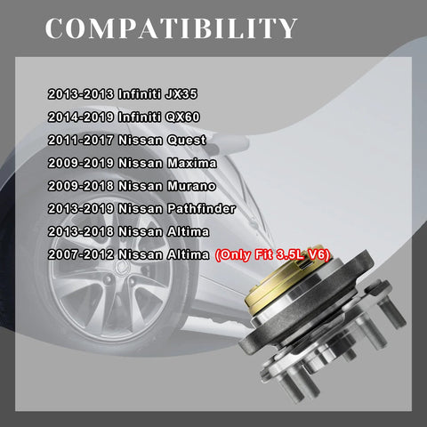 Front Wheel Bearing Hubs Assembly 513296 Drop In Ready For 07-18 Nissan Altima V6 Only, 09-19 Maxima, displayed with car wheel in background