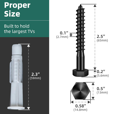 TV Wall Mount Hardware Kit With M8x65mm Lag Bolts 6 Pcs Washers 6 Wall Anchors And 1 Bubble Level dimensions and sizes
