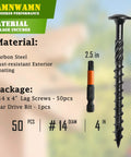 Pack Of 50 Heavy Duty Wood Lag Screws 4 Inch Long 0.171 Inch Thread Black Coated Torx Star Drive With Modified Truss Washer Head And Included T30 Bit