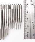 10 Piece Micro Tap Drill Bit Set M1 To M3.5 Metric Thread Bits Kit HSS High Speed Steel next to a ruler for size comparison