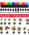 Long Reach Rivet Nut Tool With Tool Free Quick Change Head Handy Blind Riveter For M3 To M12 And 10-24 To 3/8-16 Includes 11 Mandrels And 110 Rivet Nuts shown with colorful mandrels and rivet nuts.