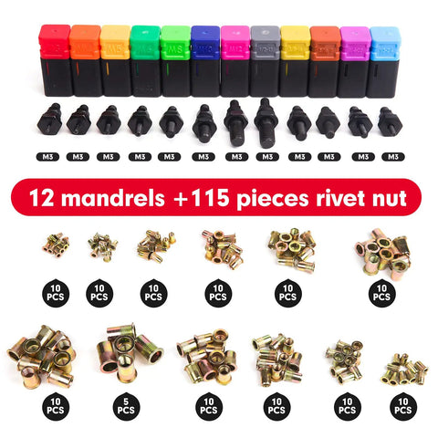 Long Reach Rivet Nut Tool With Tool Free Quick Change Head Handy Blind Riveter For M3 To M12 And 10-24 To 3/8-16 Includes 11 Mandrels And 110 Rivet Nuts shown with colorful mandrels and rivet nuts.