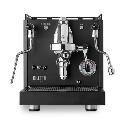 Rock Solid Dual Boiler Espresso Machine Bundle With Precision Grinder And Pid Temp Control To Craft Smooth Barista Drinks Without Any Stress displayed from the front in sleek black finish.