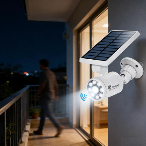 Solar Motion Sensor Lights Outdoor Aluminum Flood Light illuminating balcony, 1400 Lumen Output, IP66 Waterproof.