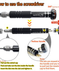 Instructional diagram for Must Have Eyeglass Repair Kit With S2 Steel Precision Screwdriver And 15 Screw Sizes showing screwdriver use.