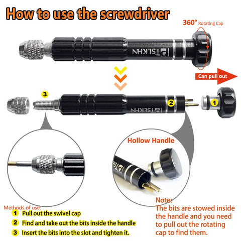 Instructional diagram for Must Have Eyeglass Repair Kit With S2 Steel Precision Screwdriver And 15 Screw Sizes showing screwdriver use.
