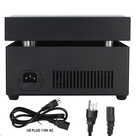 Back view of Digital LED Soldering Hot Plate 110V 850W Preheating Station For PCB SMD Rework Lab with US plug and power cord