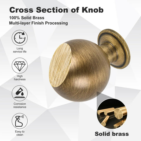 Cross-section of five pack antique brass cabinet knobs and drawer pulls, brushed bronze, solid brass, 1.1 inch diameter.