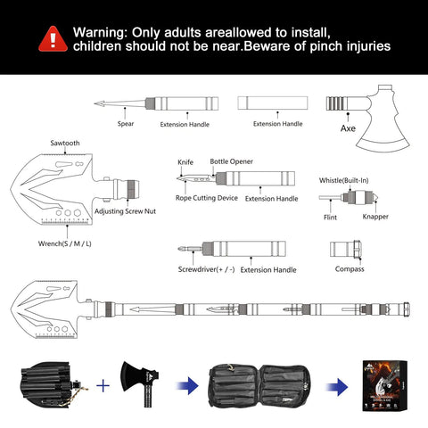 Diagram of Survival Shovel With High Carbon Steel Blade Folding Entrenching Tool And Axe Tactical Shovel components and tools.