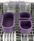 Purple silicone bowls from 3 In 1 Modular Stroller Snack Tray With Universal Fit Dual Lock Attachment displayed in dishwasher.