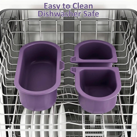 Purple silicone bowls from 3 In 1 Modular Stroller Snack Tray With Universal Fit Dual Lock Attachment displayed in dishwasher.