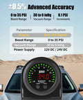 Turbo Boost And Vacuum Gauge Kit With LED Digital Display For Cars Trucks And ATVs 2 1/16 Inch 52mm Unit 1/8 NPT Electronic Pressure Sensor And Mounting Bracket Boost To 35 PSI Vacuum -30 To 0 InHg Red LED Readouts on SUV