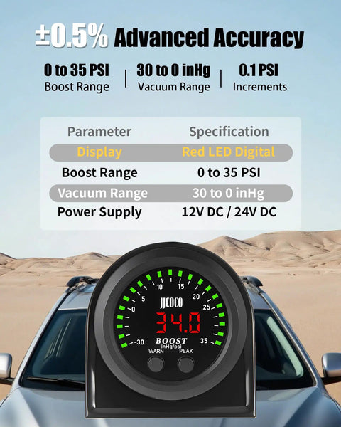Turbo Boost And Vacuum Gauge Kit With LED Digital Display For Cars Trucks And ATVs 2 1/16 Inch 52mm Unit 1/8 NPT Electronic Pressure Sensor And Mounting Bracket Boost To 35 PSI Vacuum -30 To 0 InHg Red LED Readouts on SUV