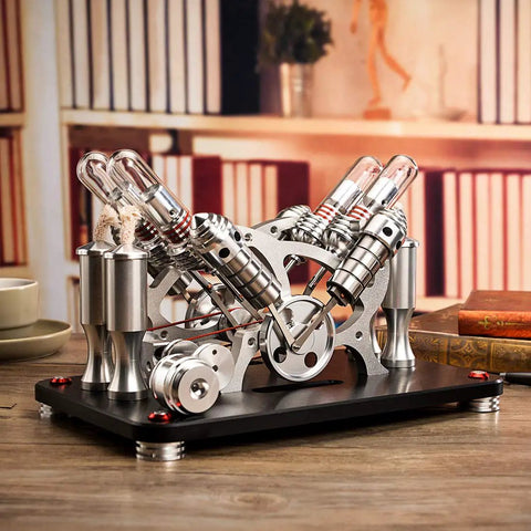 Hot Air Sterling Engine Kit With 4 Cylinder Parallel Stirling Engine Model For Adults Premium Metal Craftsmanship No Setup Needed Ready To Ignite With Alcohol Classic Generator Toy Gift, 27 cm metal model on black base