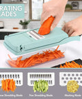 Ourokhome 12-in-1 blue vegetable chopper with clear storage bin; person grating carrot; includes coarse and fine shredding blades and masher.