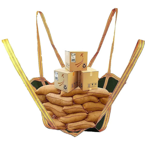 Heavy Duty Canvas Cargo Lifting Pad Net Featuring Rock Solid Non Slip Design with boxes and bags stacked inside.