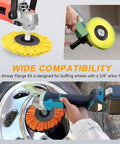 4 Inch Airway Buffing Wheel Flange Kit With Five Eighths Inch Arbor Hole Extension Shaft in use on metal surface