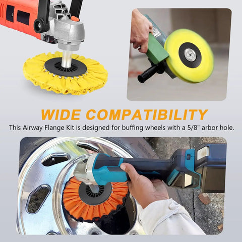 4 Inch Airway Buffing Wheel Flange Kit With Five Eighths Inch Arbor Hole Extension Shaft in use on metal surface