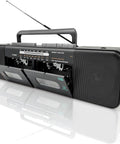 Retro Boombox With Dual Cassette Decks And 7200mAh Battery, Bluetooth Audio, Four Band AM FM SW Radio, side view with open decks