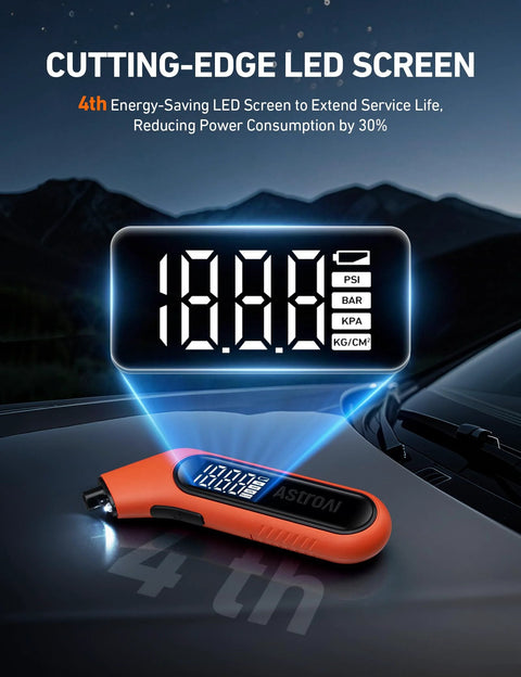 Front view of orange AstroAI digital tire pressure gauge with backlit LED display on car hood.