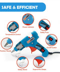 Super Reliable Heavy Duty Mini Hot Glue Gun Kit With Rugged Travel Case And Ten Clear Adhesive Sticks Built For Lightning Repairs Weekend Tinkering And Classroom Tasks In Bright Blue with precision nozzle and safety features.