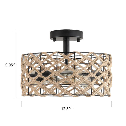 3 Light Rustic Woven Flush Mount Ceiling Light Fixture With Handmade Hemp Rope Cage Industrial Semi Flush Mount, dimensions shown