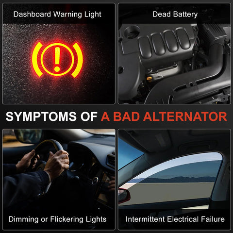 Symptoms of a bad alternator, including dashboard warning light, dead battery, dim or flickering lights, and electrical failure.