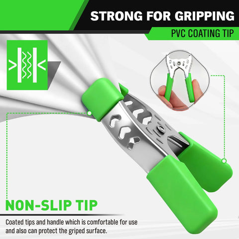 Angled side view of Swanlake 6-inch heavy-duty metal spring clamp with green PVC-coated handles and non-slip tips