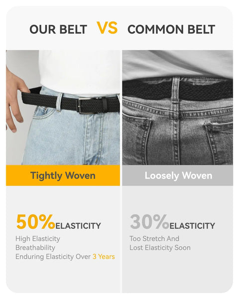 Comparison of Two Pack Men Stretch Belts No Holes One And Three Eighths Inch Braided Elastic Casual Belts and common belt.