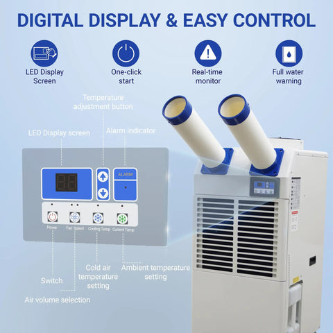 Digital display control panel of Heavy Duty Portable Air Conditioner With 18,700 Btu Output And Smart Dual Hose Rig, Commercial Spot Cooler.