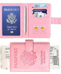 Level Up Your Vacation Vibe With This Sleek RFID Blocking Passport Holder Featuring A Secure Magnetic Closure For Fast Easy Access By Men And Women Safely Stores ID Cards Tickets And Cash On The Go with pink leather, pen, and card slots.