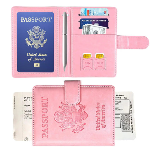 Level Up Your Vacation Vibe With This Sleek RFID Blocking Passport Holder Featuring A Secure Magnetic Closure For Fast Easy Access By Men And Women Safely Stores ID Cards Tickets And Cash On The Go with pink leather, pen, and card slots.