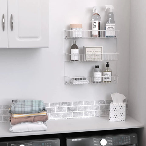 Top Shelf 3 Tier Wall Mounted Metal Rack For Kitchen Pantry Organization Keeps Your Space Slick With Rock Solid Storage For Cans Cleaners And Toiletries In A Clean White Build. Metal rack with cleaning supplies mounted on wall.