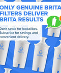 Brita standard water filter cartridges for pitchers; six white filters with blue BRITA logo on blue background