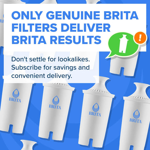 Brita standard water filter cartridges for pitchers; six white filters with blue BRITA logo on blue background