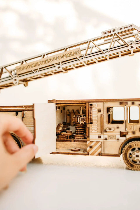Rescue Firetruck 3D Wooden Puzzle Kit For Adults Build Your Own Hands On Realistic Wood Fire Engine Model 636 Pieces No Glue Needed With Illustrated Step By Step Guide, open side door
