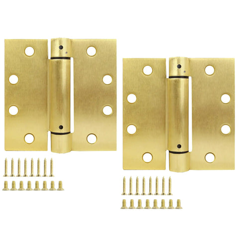 Heavy Duty 4.5 Inch Spring Hinge For Interior And Exterior Doors delivers automatic self closing performance, satin brass finish with screws.