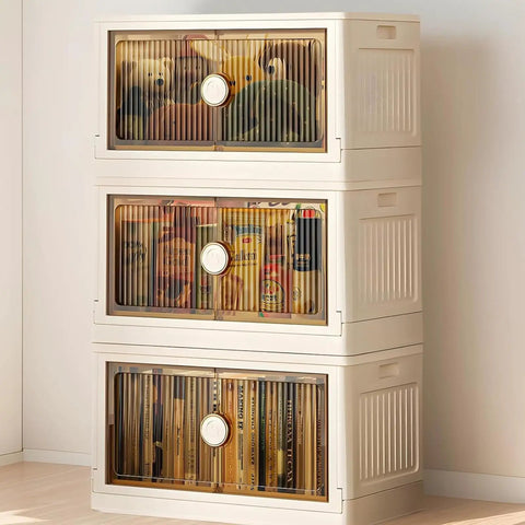 Rolling Collapsible Storage Bins with Lids and Wheels, 3 Pack Stackable Plastic Folding Boxes, showcasing stored items behind clear doors.