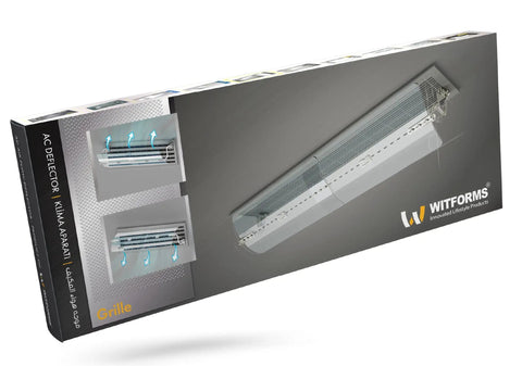 Adjustable AC Air Deflector Grille box, Extends From 24 To 43 Inches, 360 Degree Rotatable Vent Shield, clear design, product packaging