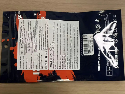 Back view of a black and red packaging with product information, warning labels, and QR code visible.