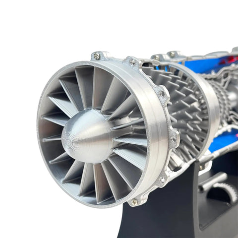 Close-up of a 1:18 Scale Jet Engine Model Turbofan Engine Desktop Decor And DIY Kit For Aviation Nerds Realistic Fighter Jet Powerplant