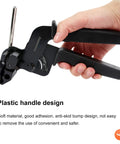 No-Sweat Stainless Steel Cable Tie Gun in hand, showcasing plastic handle design for easy wire bundling around the house.